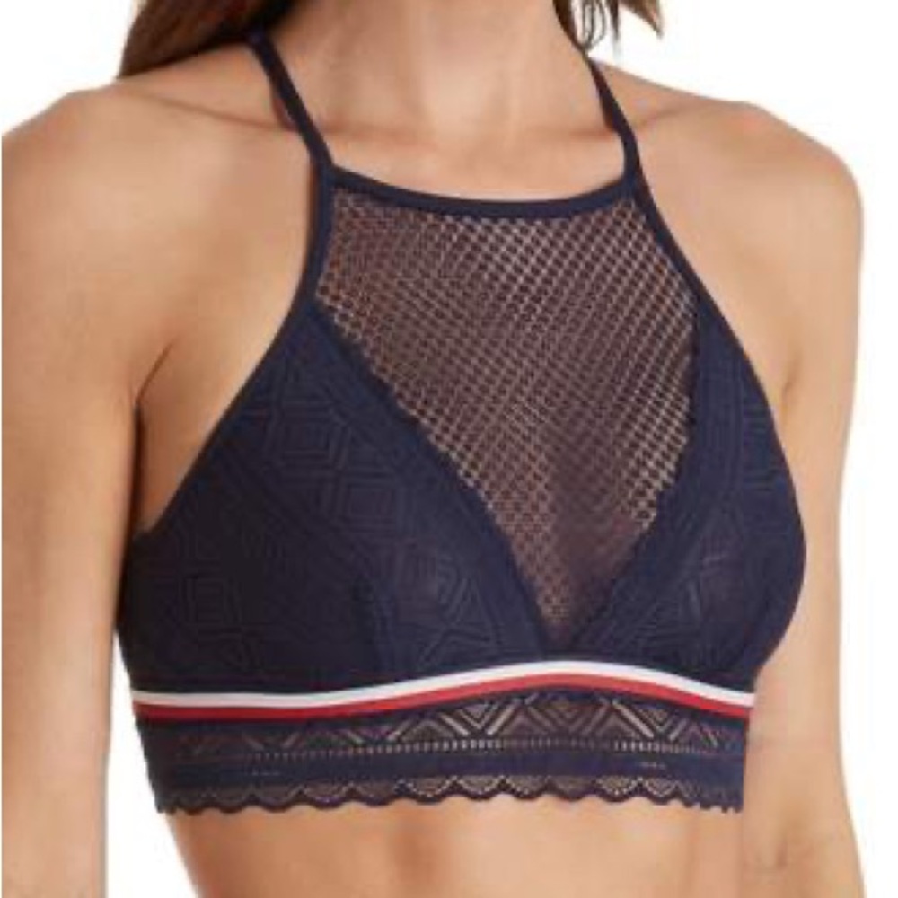 Tommy Hilfiger Signature Lace High Neck Bralette in Navy Size M